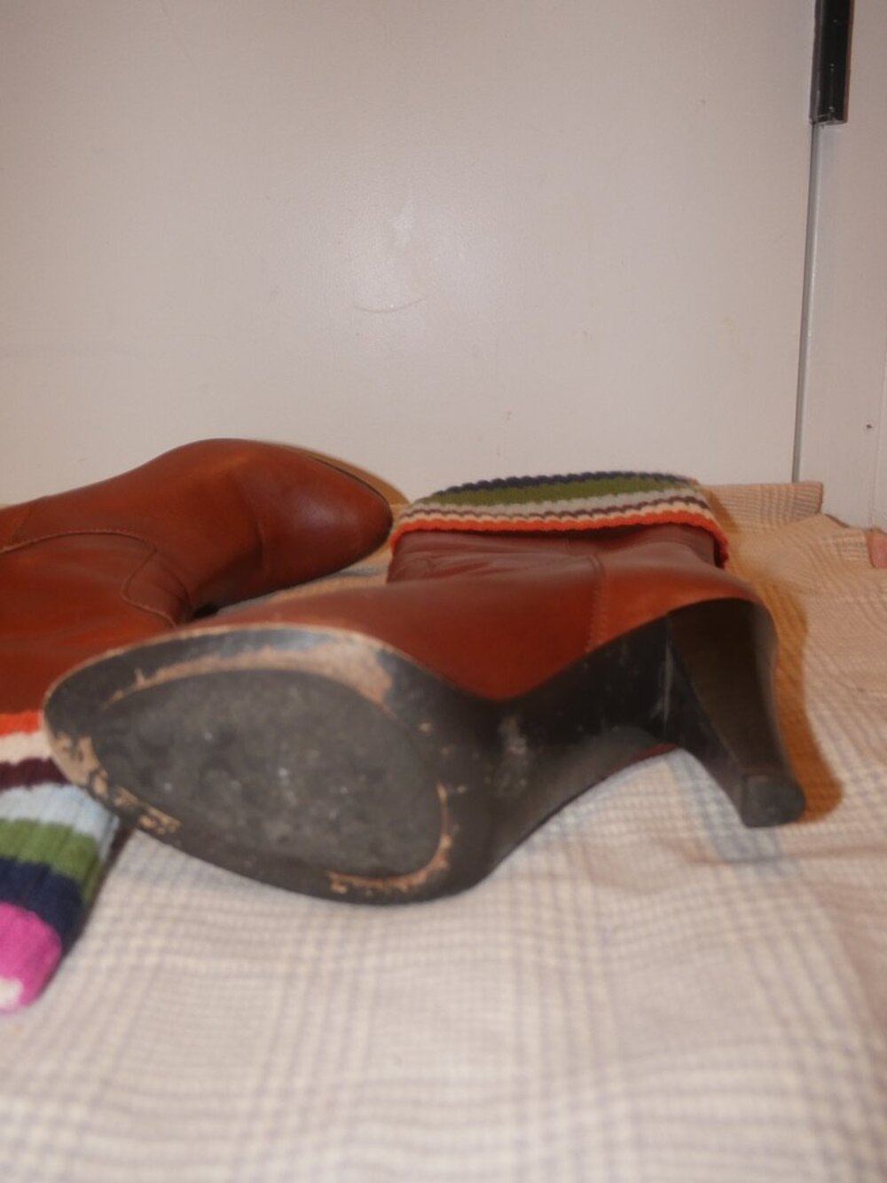 Coach Brown Leather Knee High Stiletto Boots Multicolor Striped Knit Cuff - Picture 5 of 8